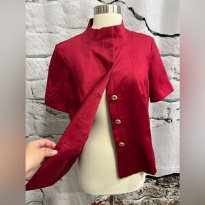 J.‎ Peterman Deep Red Button Up Blazer Top Lined Short Sleeve Mock Turtleneck